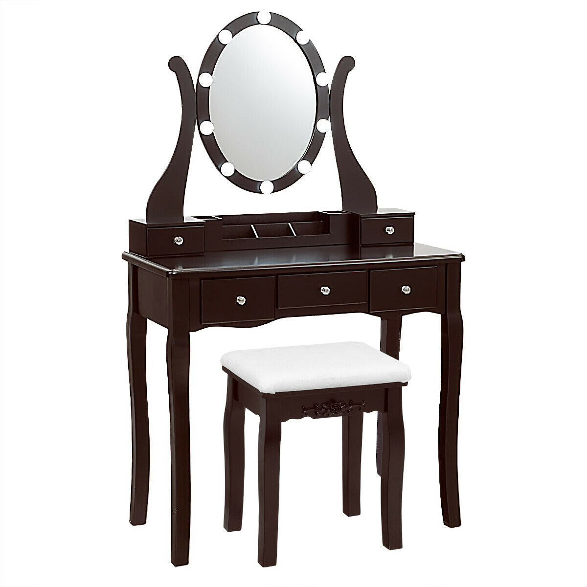 Vanity Set with Lighted Mirror, 10 Dimmable LEDs, Drawers, and Cushioned Stool – Brown