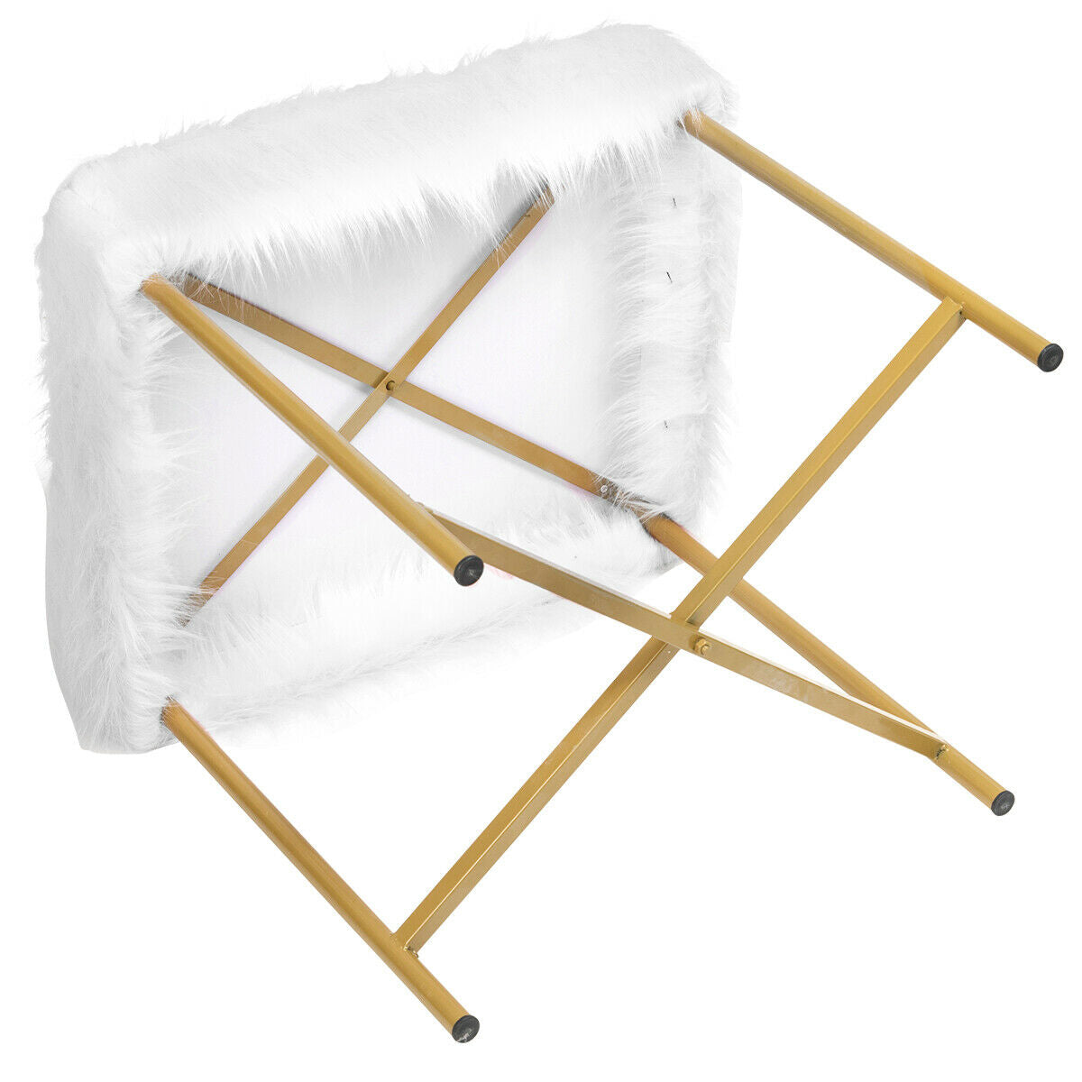 Elegant Ottoman with Gold Metal Legs and Faux Fur Upholstery - White