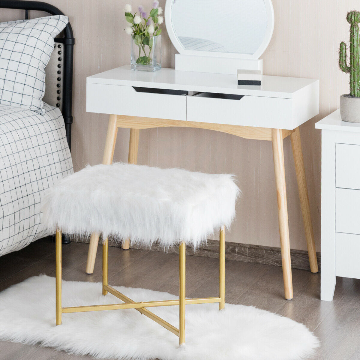 Elegant Ottoman with Gold Metal Legs and Faux Fur Upholstery - White