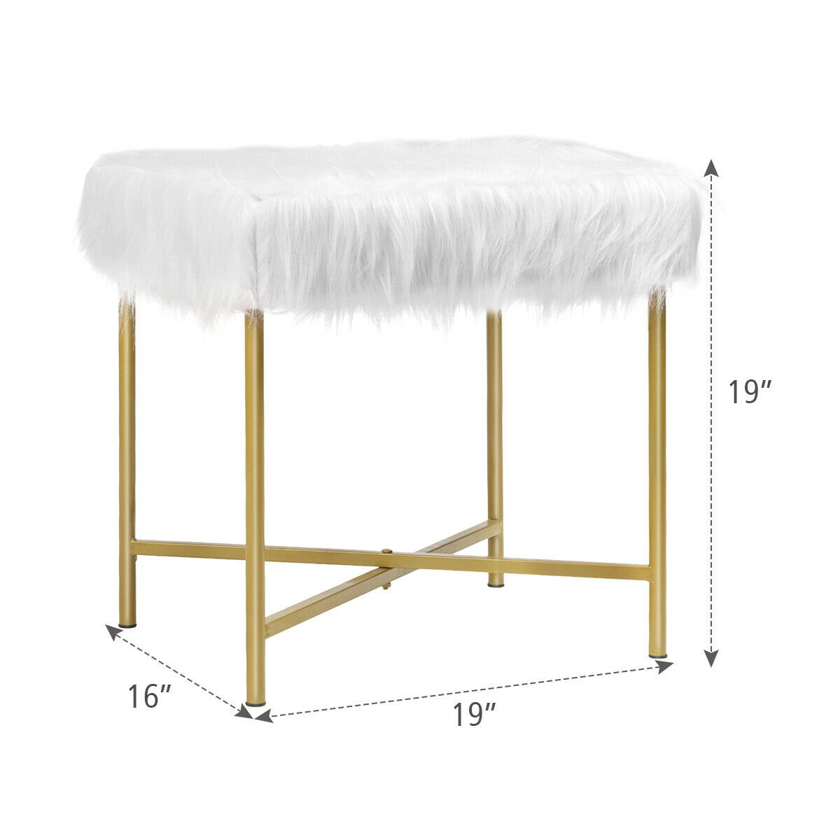 Elegant Ottoman with Gold Metal Legs and Faux Fur Upholstery - White