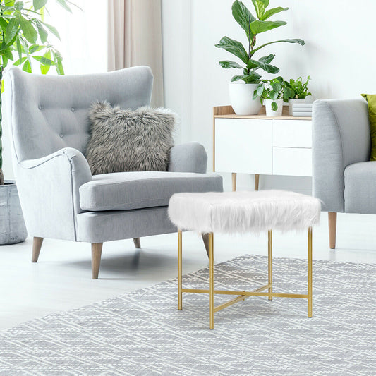 Elegant Ottoman with Gold Metal Legs and Faux Fur Upholstery - White