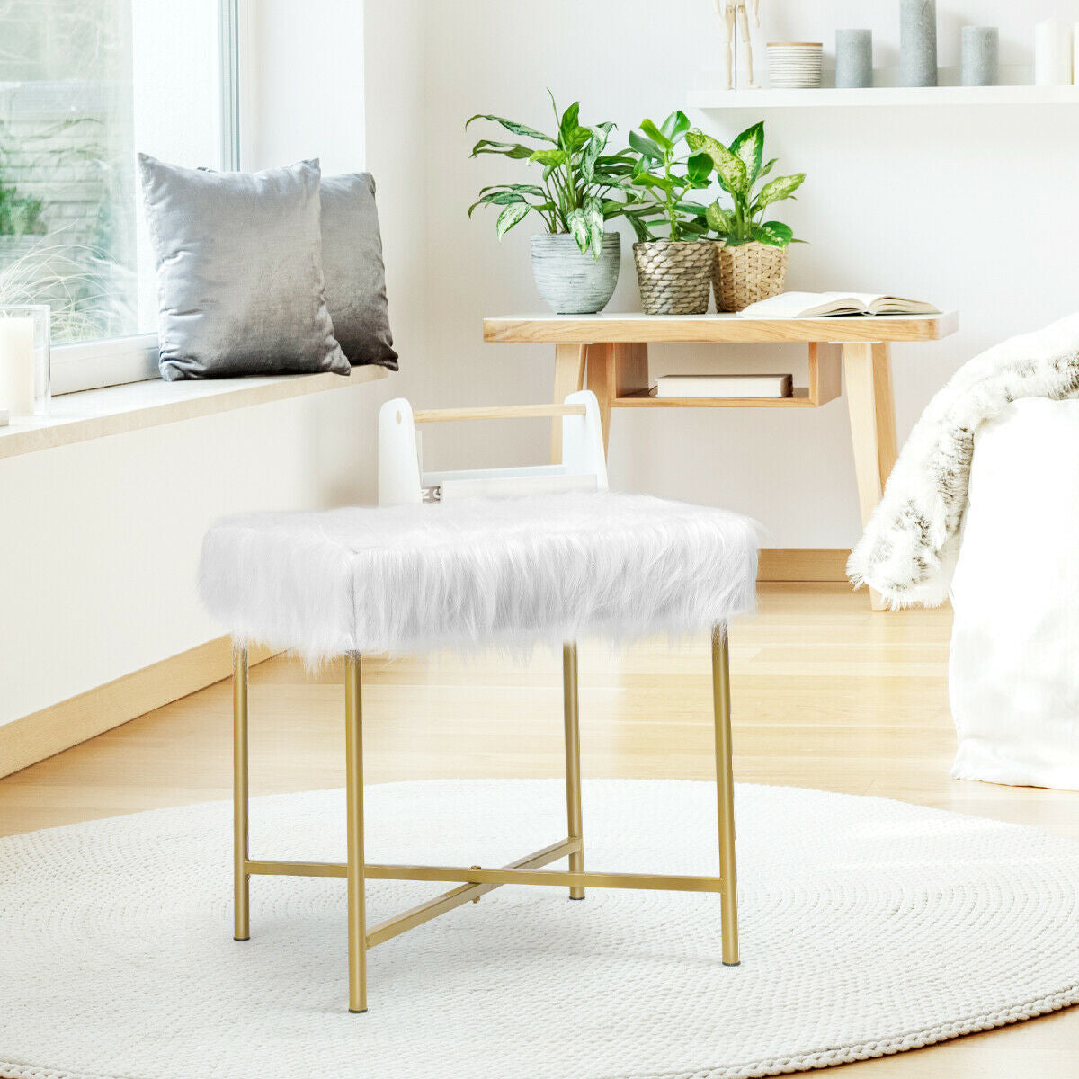 Elegant Ottoman with Gold Metal Legs and Faux Fur Upholstery - White