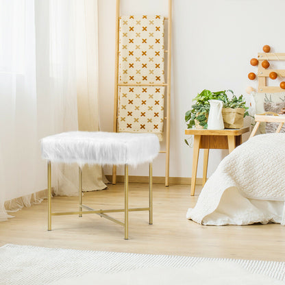 Elegant Ottoman with Gold Metal Legs and Faux Fur Upholstery - White