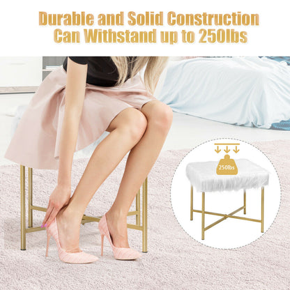 Elegant Ottoman with Gold Metal Legs and Faux Fur Upholstery - White