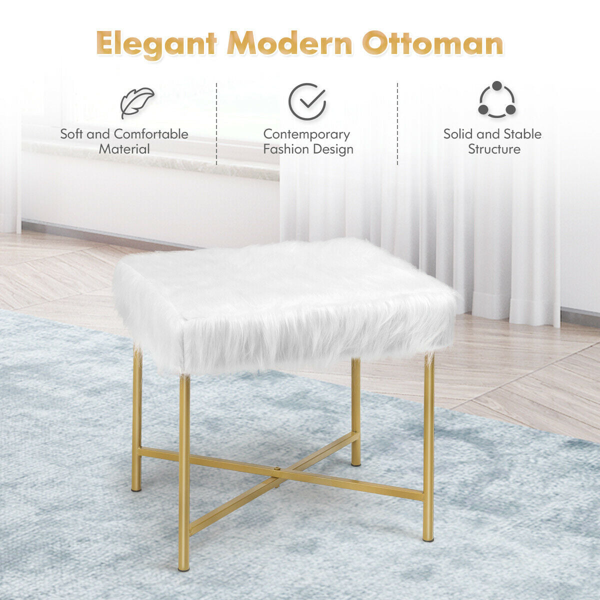 Elegant Ottoman with Gold Metal Legs and Faux Fur Upholstery - White