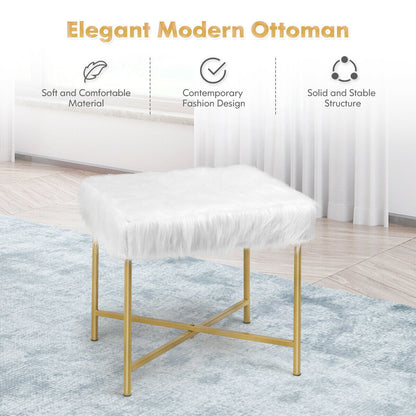 Elegant Ottoman with Gold Metal Legs and Faux Fur Upholstery - White