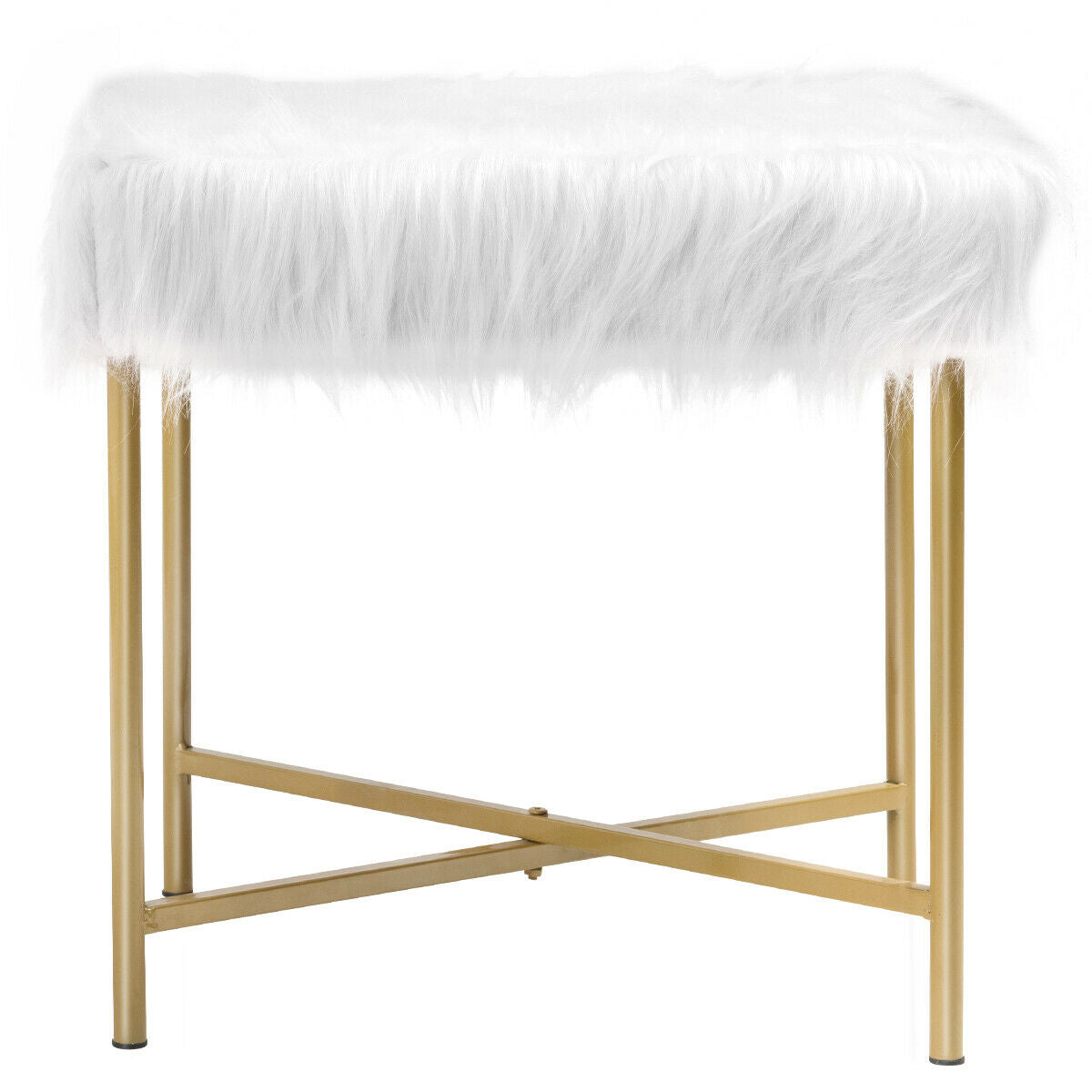 Elegant Ottoman with Gold Metal Legs and Faux Fur Upholstery - White