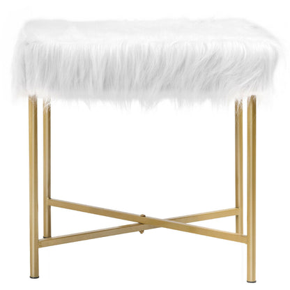 Elegant Ottoman with Gold Metal Legs and Faux Fur Upholstery - White