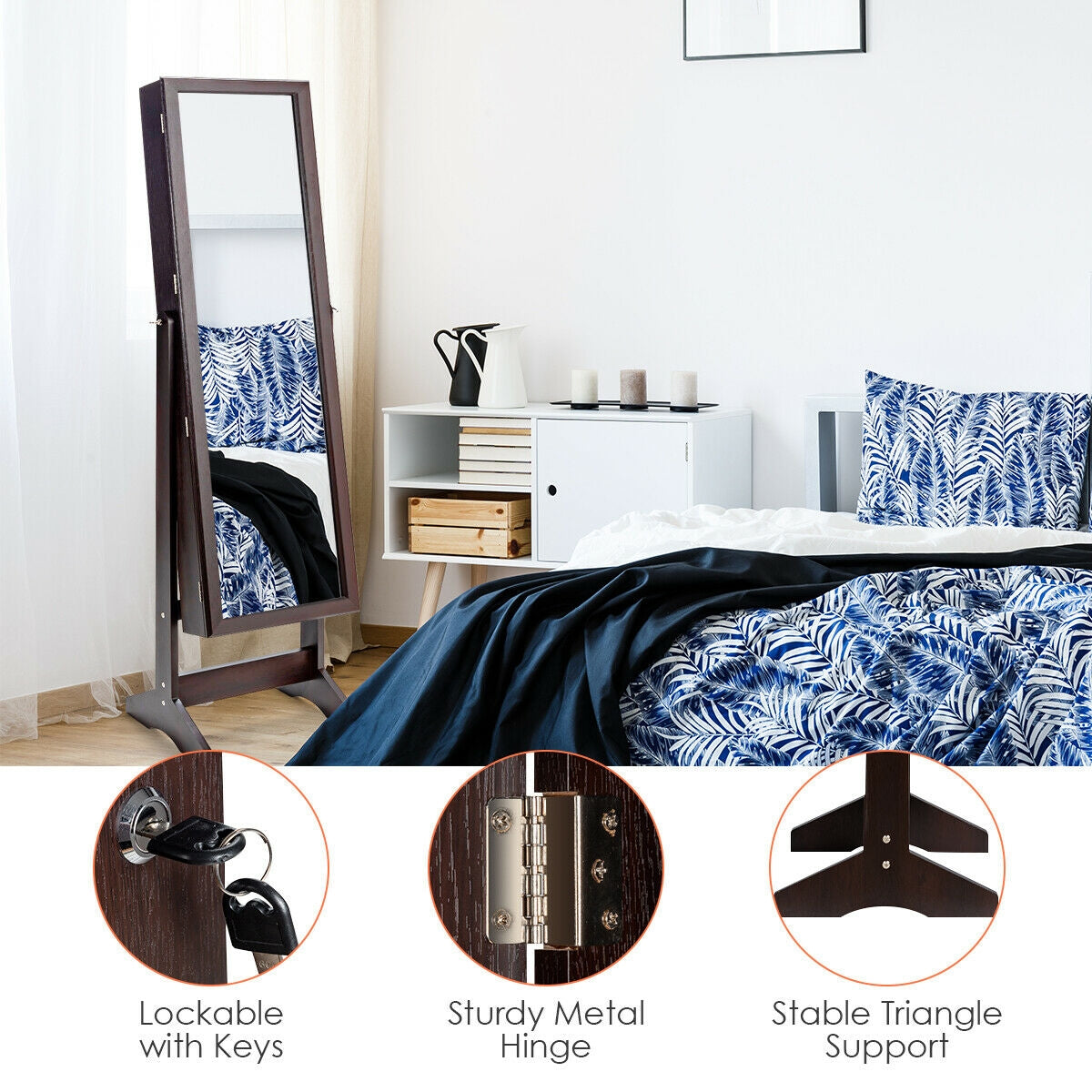 Elegant Jewelry Armoire Stand with Full-Length Mirror & Large Storage for Accessories - Brown