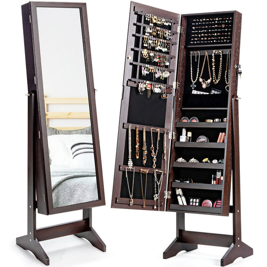 Elegant Jewelry Armoire Stand with Full-Length Mirror & Large Storage for Accessories - Brown