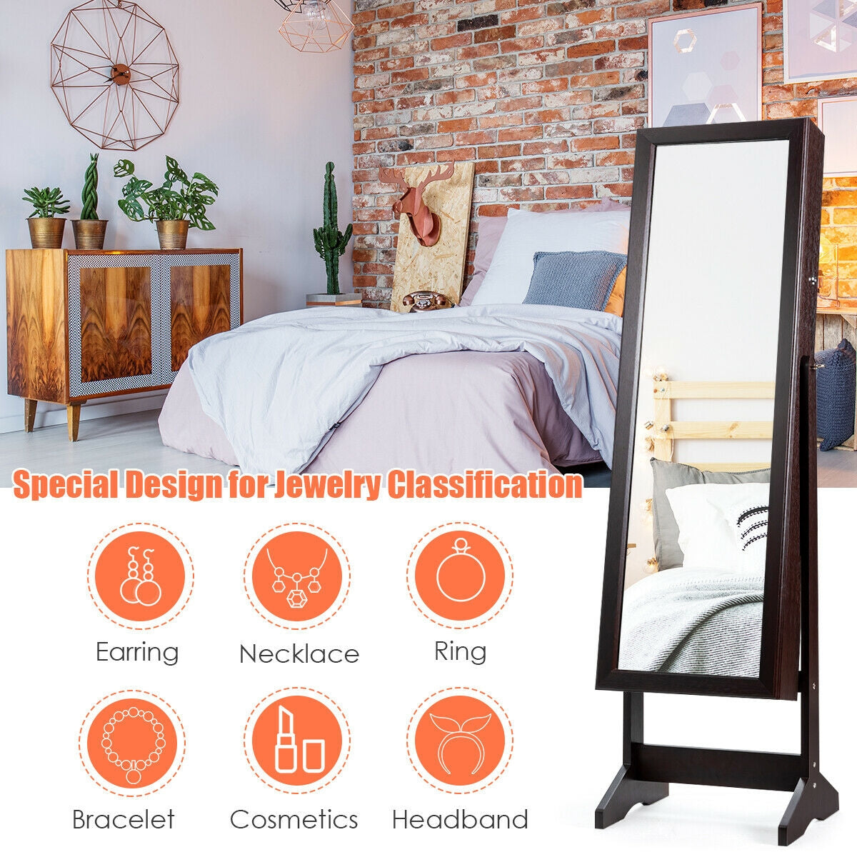 Elegant Jewelry Armoire Stand with Full-Length Mirror & Large Storage for Accessories - Brown
