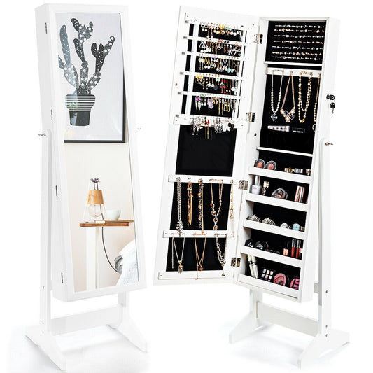 Elegant Jewelry Armoire Stand with Full-Length Mirror & Large Storage for Accessories - White
