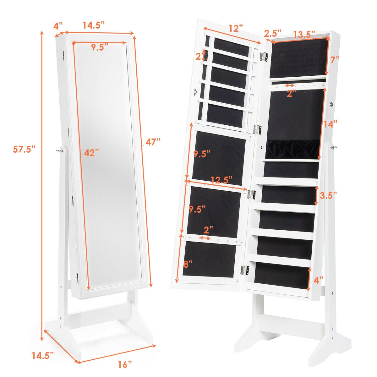 Elegant Jewelry Armoire Stand with Full-Length Mirror & Large Storage for Accessories - White