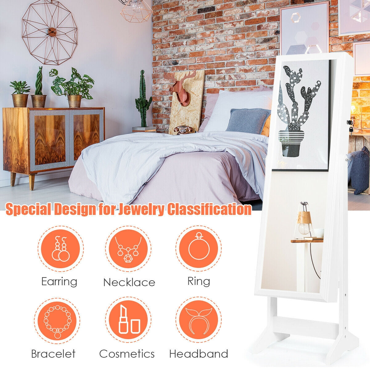 Elegant Jewelry Armoire Stand with Full-Length Mirror & Large Storage for Accessories - White