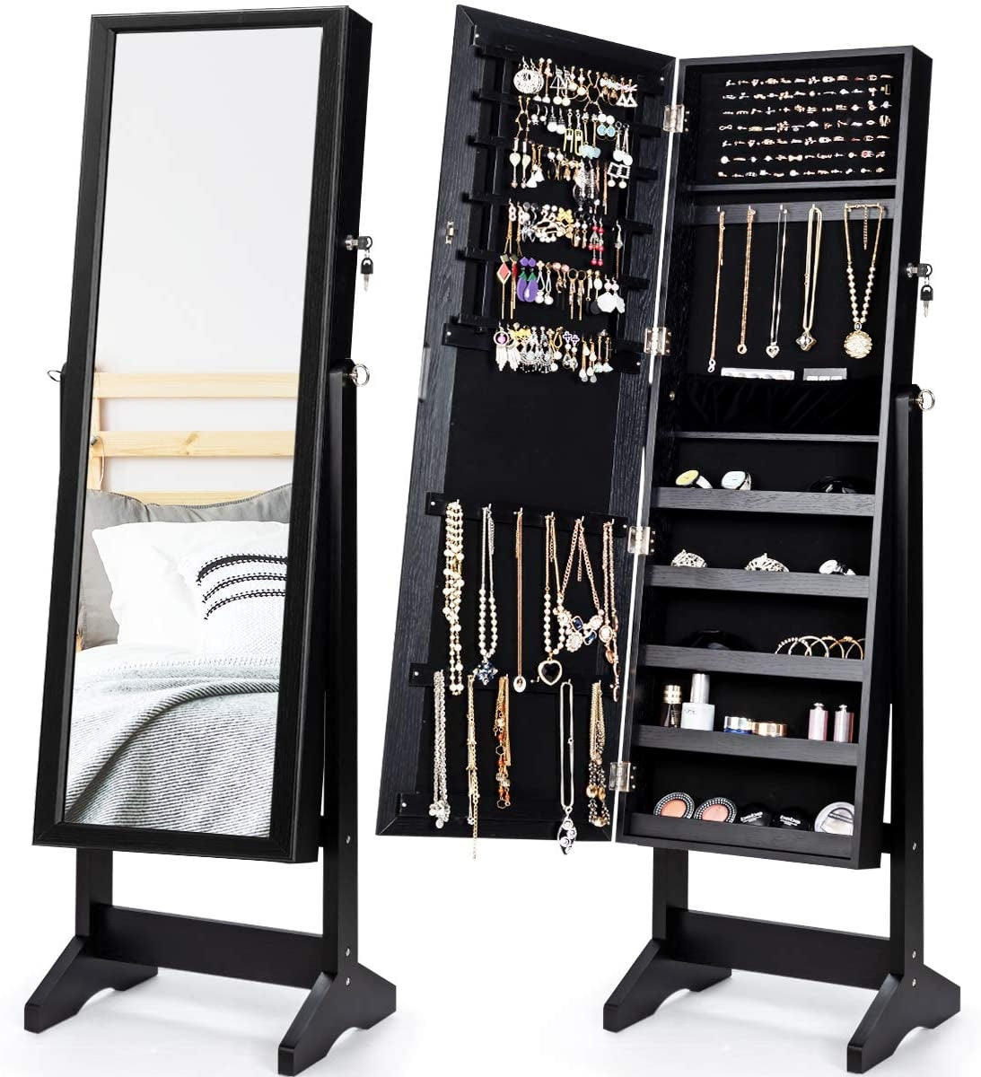 Elegant Jewelry Armoire Stand with Full-Length Mirror & Large Storage for Accessories - Black