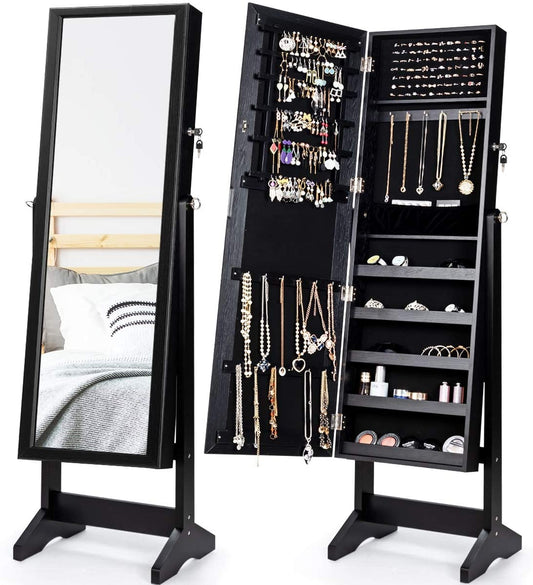 Elegant Jewelry Armoire Stand with Full-Length Mirror & Large Storage for Accessories - Black