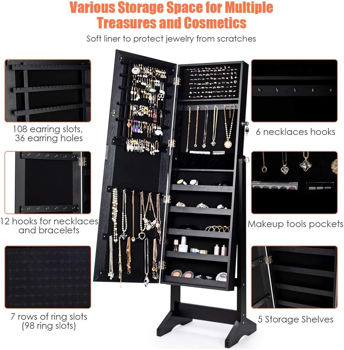 Elegant Jewelry Armoire Stand with Full-Length Mirror & Large Storage for Accessories - Black