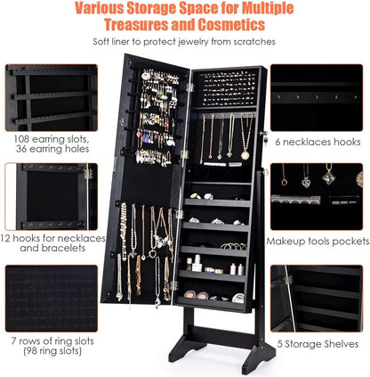 Elegant Jewelry Armoire Stand with Full-Length Mirror & Large Storage for Accessories - Black