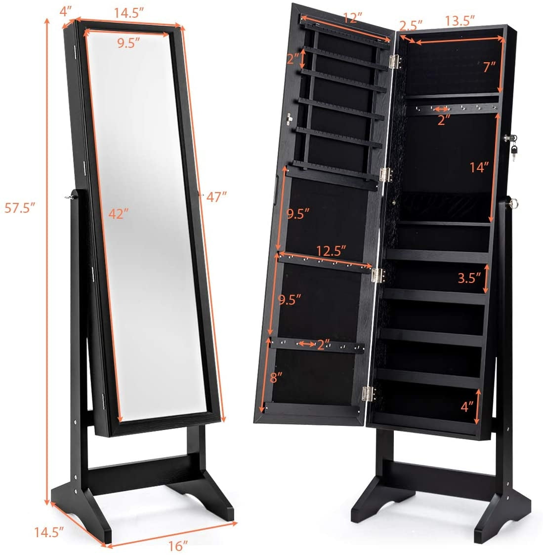 Elegant Jewelry Armoire Stand with Full-Length Mirror & Large Storage for Accessories - Black