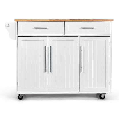 Rolling Kitchen Island Cart with Wood Top Storage Cabinets Drawers and Knife Block - White