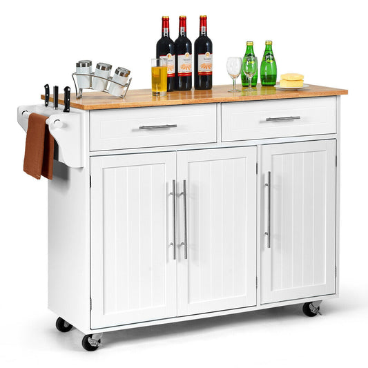 Rolling Kitchen Island Cart with Wood Top Storage Cabinets Drawers and Knife Block - White