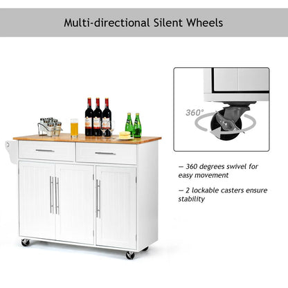 Rolling Kitchen Island Cart with Wood Top Storage Cabinets Drawers and Knife Block - White