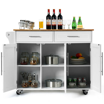 Rolling Kitchen Island Cart with Wood Top Storage Cabinets Drawers and Knife Block - White