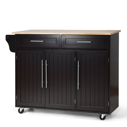 Rolling Kitchen Island Cart with Wood Top Storage Cabinets Drawers and Knife Block - Brown