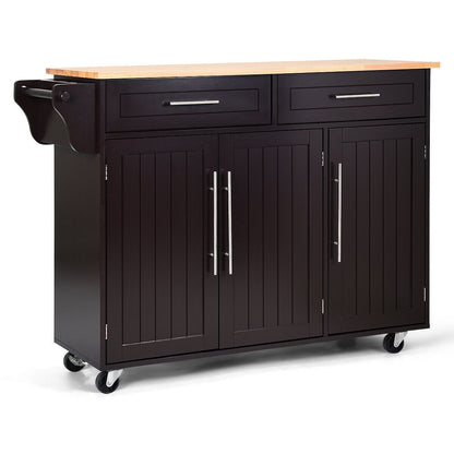 Rolling Kitchen Island Cart with Wood Top Storage Cabinets Drawers and Knife Block - Brown