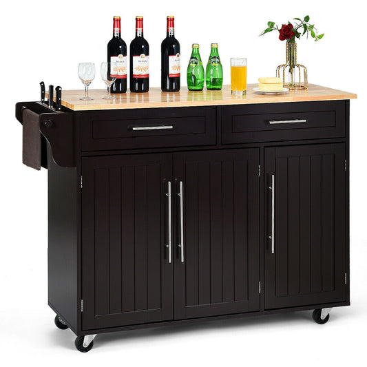 Rolling Kitchen Island Cart with Wood Top Storage Cabinets Drawers and Knife Block - Brown
