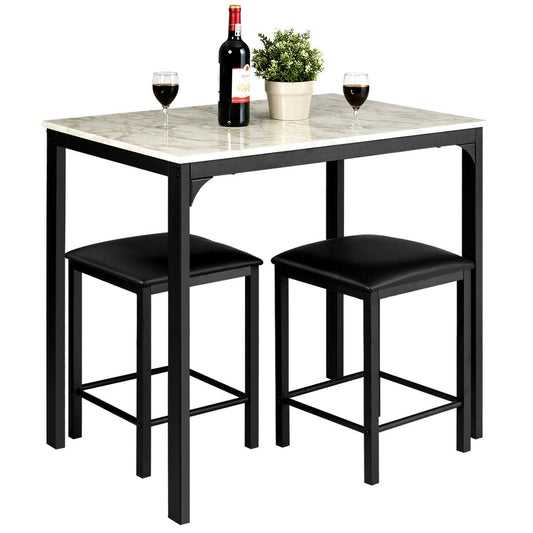 3 Piece Counter Height Dining Set with Metal Frame and Faux Marble Table - White