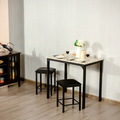 3 Piece Counter Height Dining Set with Metal Frame and Faux Marble Table - White