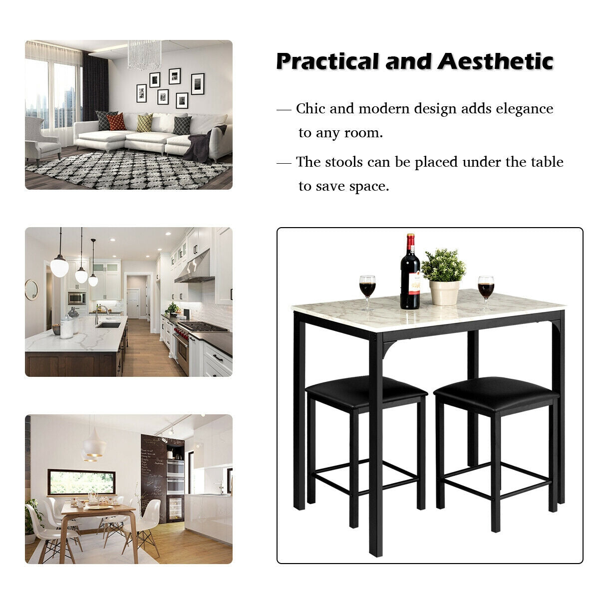 3 Piece Counter Height Dining Set with Metal Frame and Faux Marble Table - White