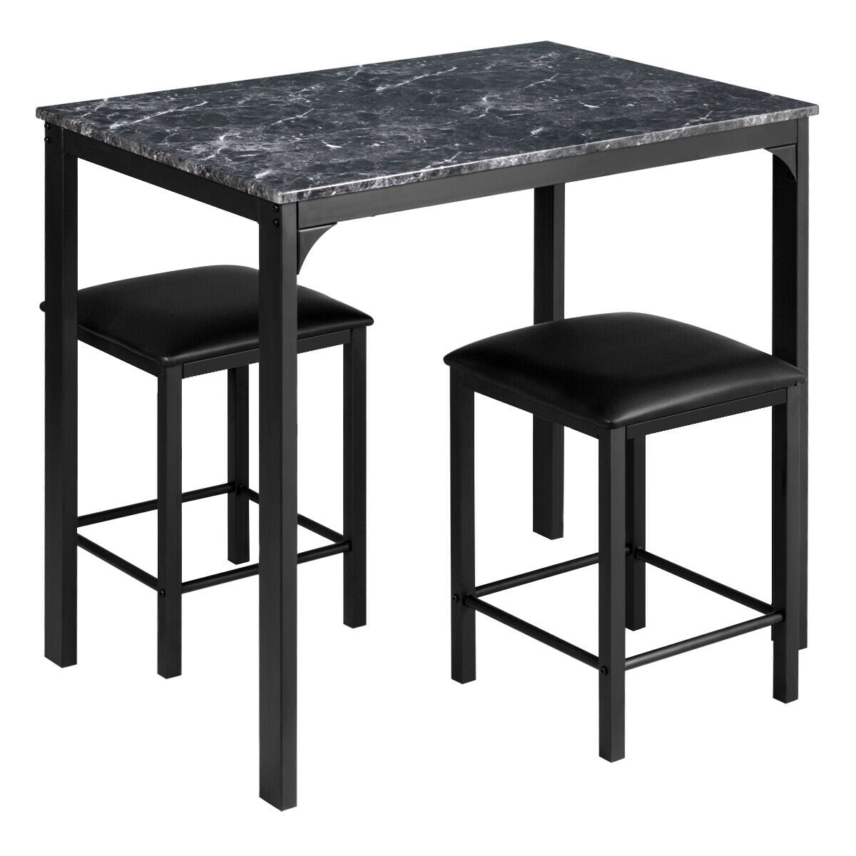3 Piece Counter Height Dining Set with Metal Frame and Faux Marble Table - Black