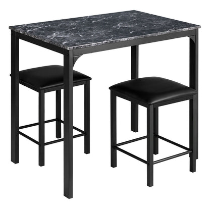 3 Piece Counter Height Dining Set with Metal Frame and Faux Marble Table - Black