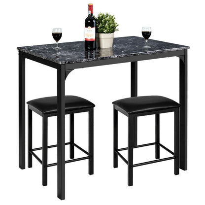 3 Piece Counter Height Dining Set with Metal Frame and Faux Marble Table - Black