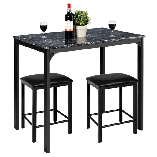 3 Piece Counter Height Dining Set with Metal Frame and Faux Marble Table - Black