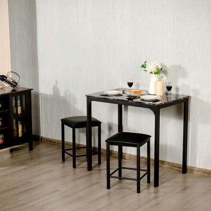 3 Piece Counter Height Dining Set with Metal Frame and Faux Marble Table - Black