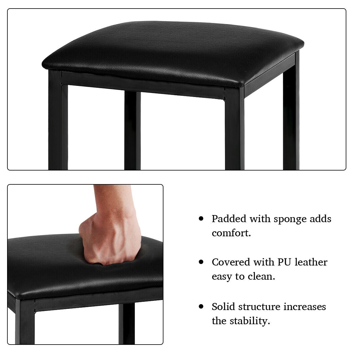 3 Piece Counter Height Dining Set with Metal Frame and Faux Marble Table - Black