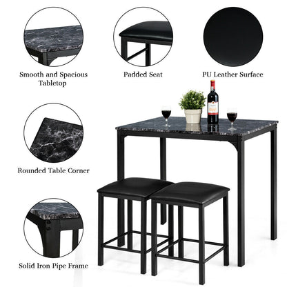 3 Piece Counter Height Dining Set with Metal Frame and Faux Marble Table - Black