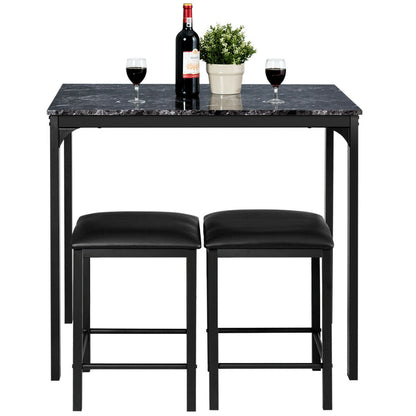3 Piece Counter Height Dining Set with Metal Frame and Faux Marble Table - Black