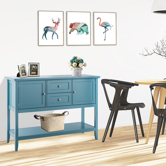 Modern Console Sideboard Table with Open Shelf and Drawers - Blue