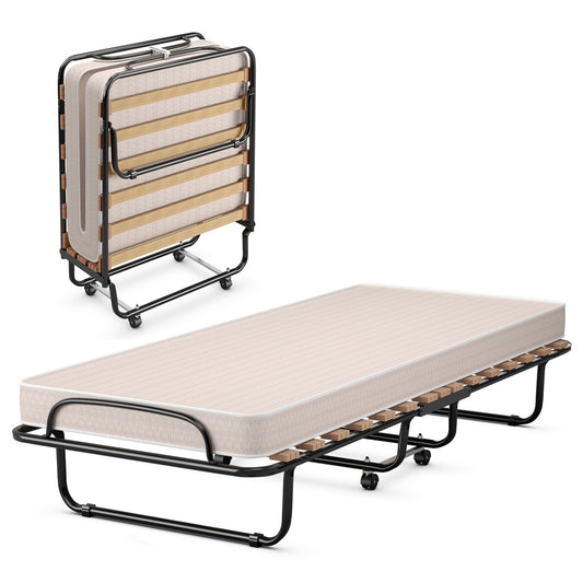 Portable Folding Bed with Memory Foam Mattress & Sturdy Metal Frame – Made in Italy (Beige)