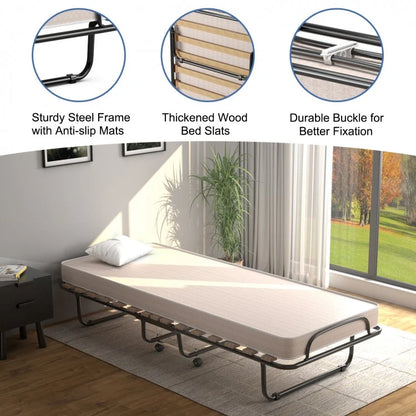 Portable Folding Bed with Memory Foam Mattress & Sturdy Metal Frame – Made in Italy (Beige)
