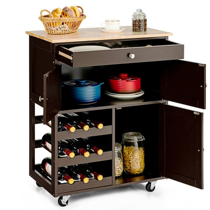 Rolling Kitchen Island Cart with Rubber Wood Top, Wine Rack, Drawer and Storage Cabinets - Brown