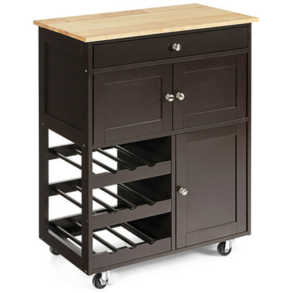 Rolling Kitchen Island Cart with Rubber Wood Top, Wine Rack, Drawer and Storage Cabinets - Brown