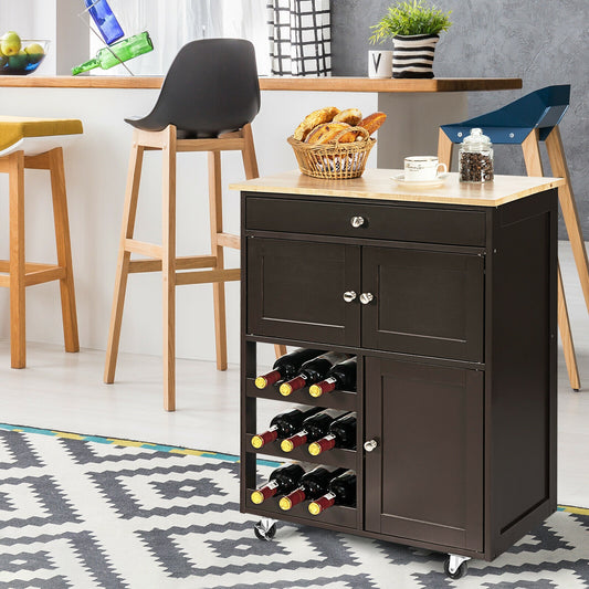 Rolling Kitchen Island Cart with Rubber Wood Top, Wine Rack, Drawer and Storage Cabinets - Brown