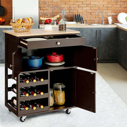 Rolling Kitchen Island Cart with Rubber Wood Top, Wine Rack, Drawer and Storage Cabinets - Brown