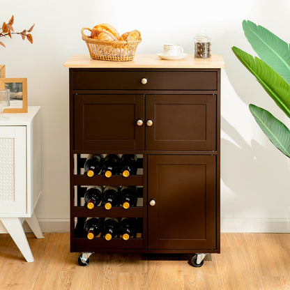 Rolling Kitchen Island Cart with Rubber Wood Top, Wine Rack, Drawer and Storage Cabinets - Brown
