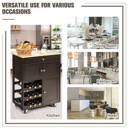 Rolling Kitchen Island Cart with Rubber Wood Top, Wine Rack, Drawer and Storage Cabinets - Brown